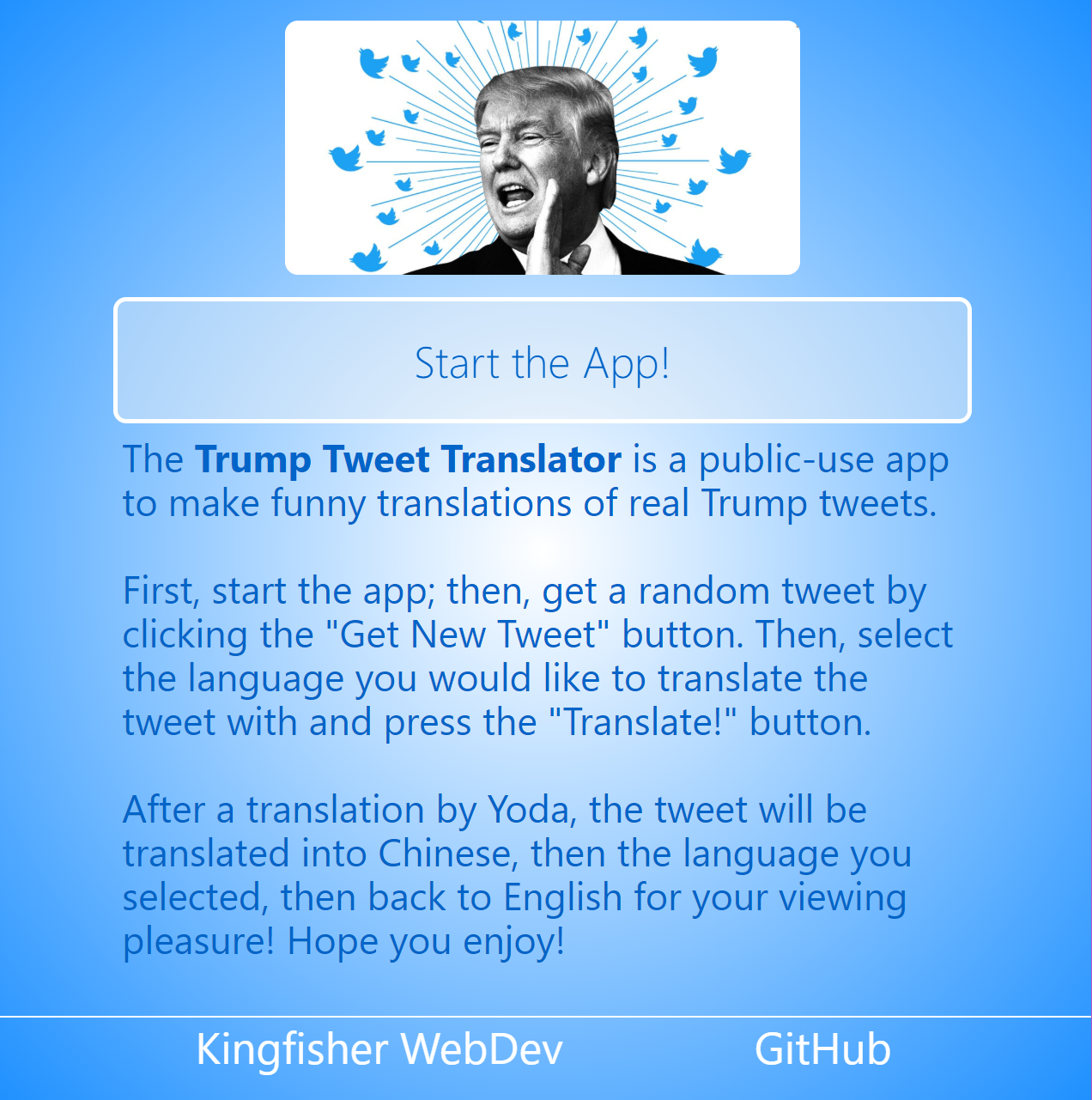 The home page view of the Trump Tweet Translator app by Audrey Foss