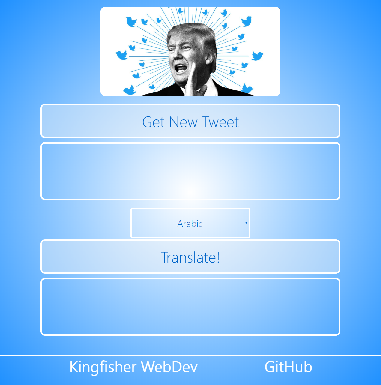 The translation page view of the Trump Tweet Translator by Audrey Foss