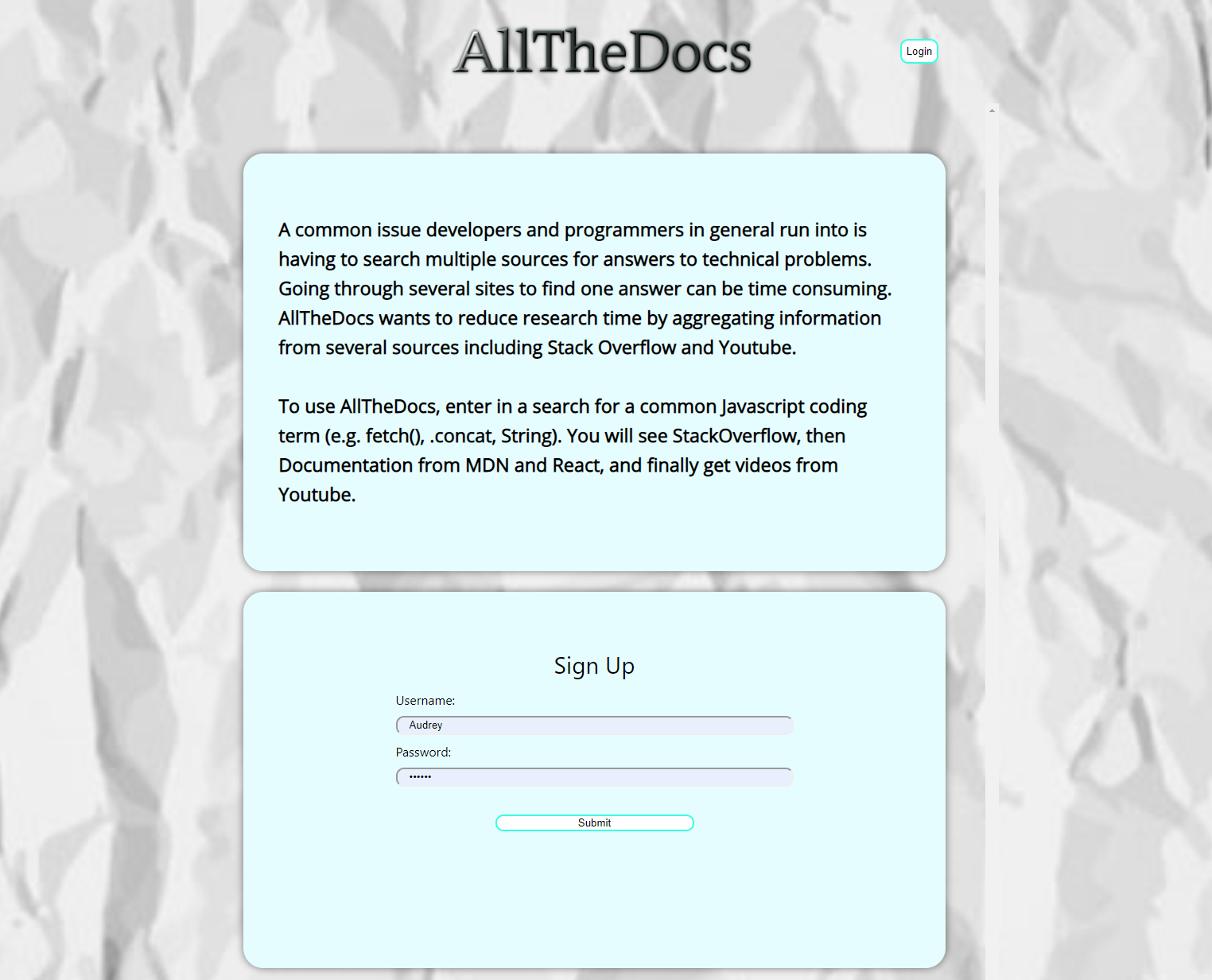 The home page view of the AllTheDocs app by Audrey Foss