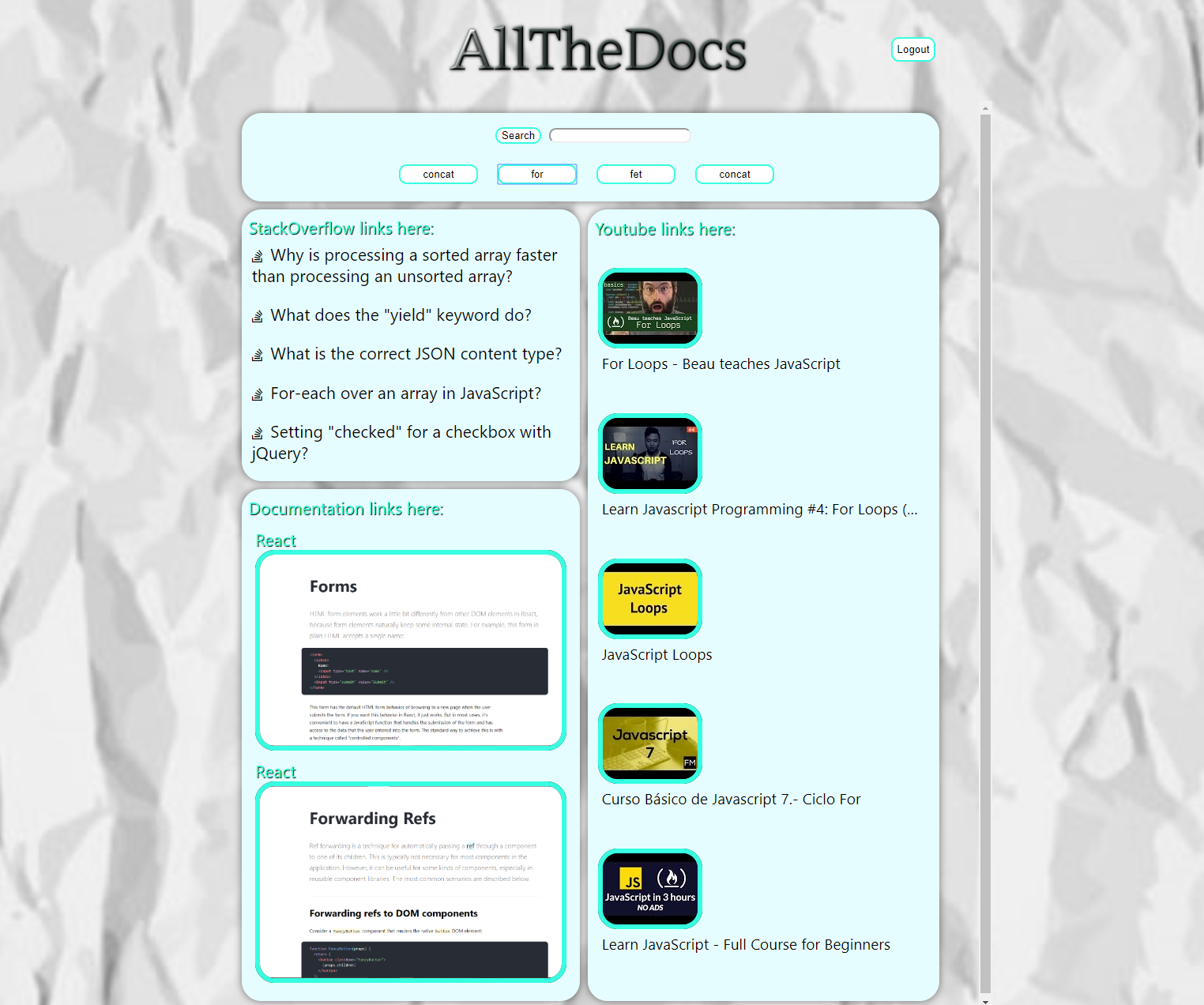 The search page view of the AllTheDocs by Audrey Foss