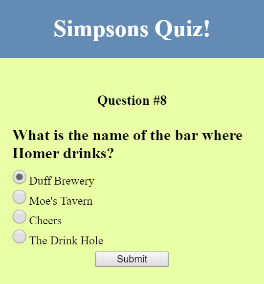 The question page view of the Simpsons' Quiz by Audrey Foss