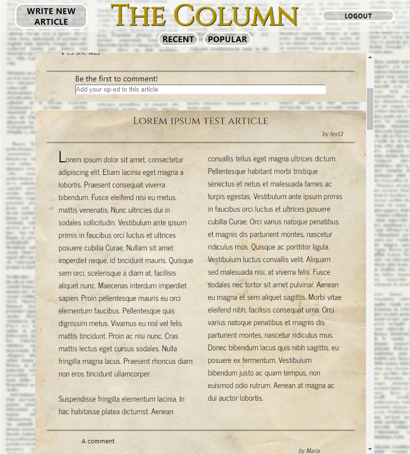 The search page view of The Column app by Audrey Foss