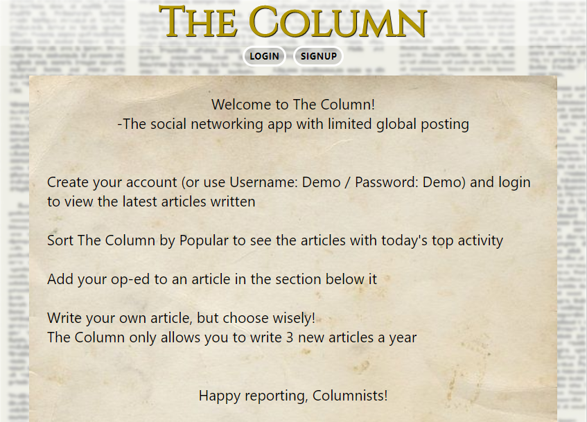 The home page view of The Column app by Audrey Foss